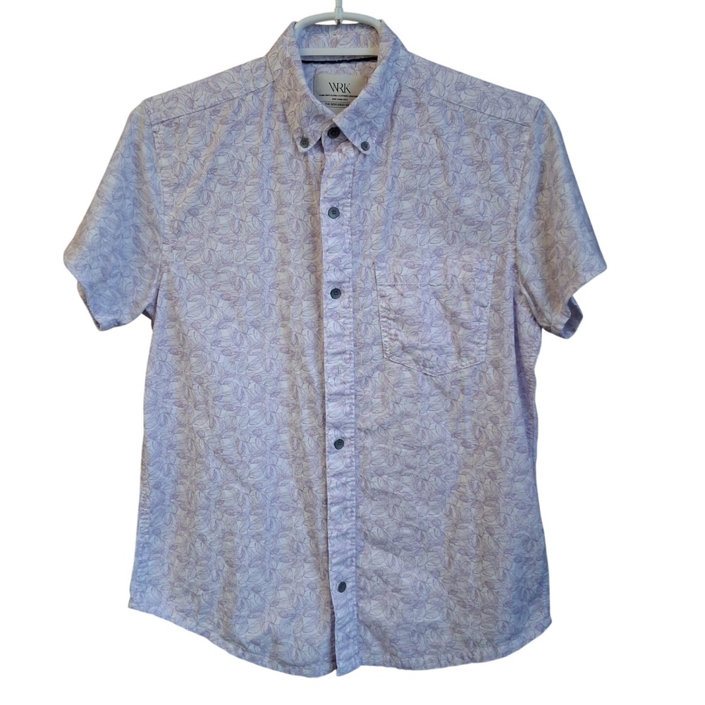 WRK Reworked Knit Panel SS Shirt Button Down Lt. Purple Print Small Slim Fit EUC